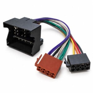 BMW- und Mini-Radioadapter mit schwarzem Quadlock-Stecker, farbigen Kabeln sowie braunem und schwarzem ISO-Anschluss.
