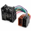 17-Pin-Rundpin-auf-ISO-Adapter für BMW-, Mini-, Rover- und Land-Rover-Werksradios mit schwarzem Rundpin-Anschluss und zwei ISO-Steckern.