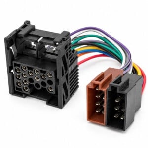 17-Pin-Rundpin-auf-ISO-Adapter für BMW-, Mini-, Rover- und Land-Rover-Werksradios mit schwarzem Rundpin-Anschluss und zwei ISO-Steckern.