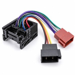Rückansicht des BMW 17-Pin-auf-ISO-Radioadapters mit Kabelzuführung, schwarzem Rundpin-Steckergehäuse und farbigen Anschlussleitungen.