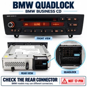 BMW- und Mini-Radioadapter mit schwarzem Quadlock-Stecker, farbigen Kabeln sowie braunem und schwarzem ISO-Anschluss.