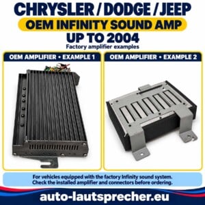 Zwei Infinity-Werksverstärker für Chrysler, Dodge und Jeep: links die längliche Standardausführung, rechts der Verstärker des Chrysler 300M.
