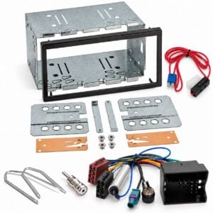 2-DIN-Radio-Einbauset für Citroen C2 und C3 ab 2005 mit schwarzer Blende, Blechkasten, Quadlock- und Antennenadaptern sowie Zündplus-Kabel.