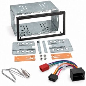 Citroen C2 C3 Doppel-DIN-Einbauset mit schwarzer Radioblende, Blechkasten, Befestigungszubehör, ISO-Radioadapter und Antennenadapter.
