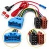 12-PIN-Radioadapter auf ISO für Citroën mit blauem Stecker, schwarzen und braunen ISO-Anschlüssen, Zündplus-Abgriff und zwei Sicherungen.