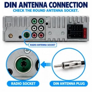 DIN-Antennenanschluss am Radio mit markierter Antennenbuchse und passendem DIN-Antennenstecker für Nachrüstradios.