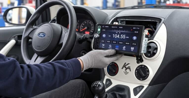 Ford KA RU8 mit geöffnetem Radioschacht und einem Touchscreen-Nachrüstradio, das vor der Mittelkonsole gehalten wird.