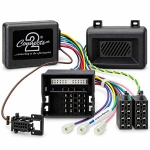Connects2 CAN-Bus-Lenkradadapter für Ford S-Max, Mondeo und Kuga mit Anschlusskabelbaum und separatem Parksensor-Signalgeber.