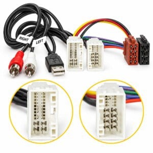 24/18-Pin-Radioadapter für Hyundai i800, ix35, ix45 und Santa Fe mit ISO-Steckern, USB-A, AUX-Cinch und gelben Stecker-Detailkreisen.