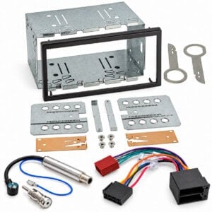 Mercedes 2-DIN-Radio-Einbauset mit Blechrahmen, schwarzem Zierrahmen, Befestigungszubehör sowie Radio- und Antennenadaptern.