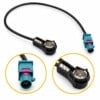 Mercedes Fakra-auf-ISO-Antennenadapter mit schwarzem Kabel und gelb umrandeten Detailansichten der beiden Anschlüsse.