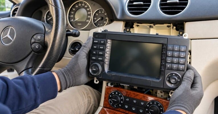 Ausbau des originalen Mercedes-Radios mit Navigationsdisplay: Das Gerät wird vor dem geöffneten Radioschacht gehalten.