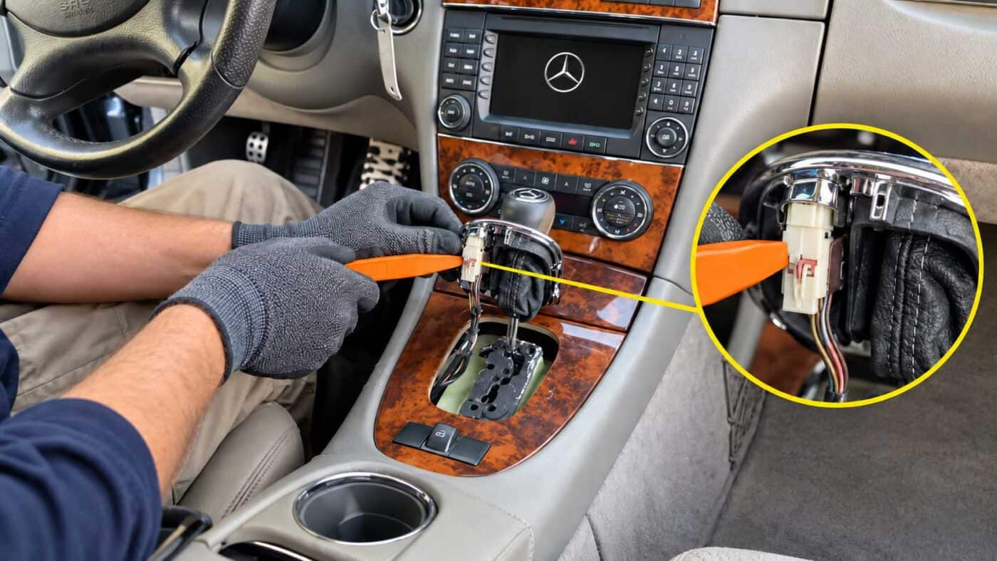Mercedes unterhalb der Abdeckung des Schnaltknaufs ist ein Stecker vom Bedienteil