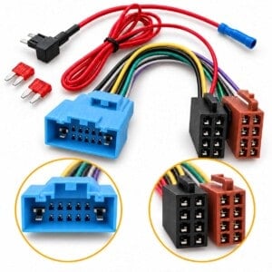 12-PIN-Radioadapter auf ISO für Opel Astra, Corsa, Grandland und Mokka mit blauem Stecker, Zündplus-Abgriff und zwei Sicherungen.