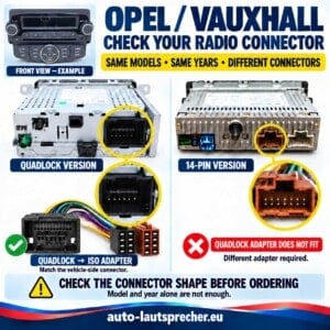 Opel/Vauxhall-Radioanschlüsse im Vergleich: großer Quadlock-ähnlicher Anschluss mit ISO-Adapter und abweichende 14-Pin-Version.