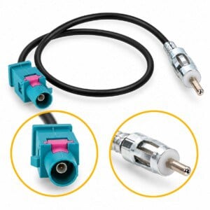 Fakra-auf-DIN-Antennenadapter für Porsche 911 und Boxster 987 mit schwarzem Kabel und vergrößerten Anschlussdetails.