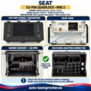 SEAT MIB2 Werksradio in Vorder- und Rückansicht mit markierter 52-Pin-Quadlockbuchse und passendem Adapterstecker.