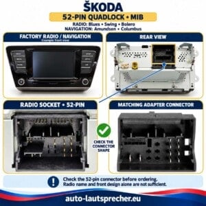 Skoda-Werksradio in Front- und Rückansicht mit markiertem 52-Pin-Quadlockanschluss sowie Detailansichten von Radiobuchse und Adapterstecker.