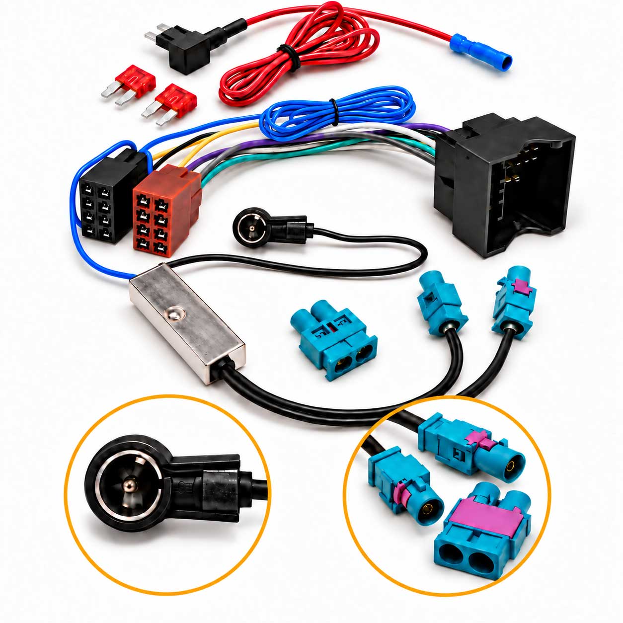 52-Pin-Quadlock-ISO-Radioadapter für Skoda Citigo, Fabia und Karoq mit Diversity-Antennenadapter und Zündplus-Zubehör.