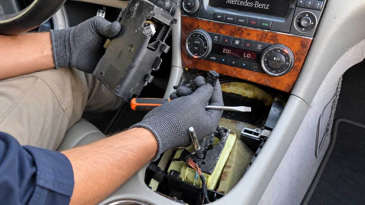 Stecker von der Zigarettenanzuender Einheit aus der Mittelkonsole entfernen Mercedes C CLC CLK