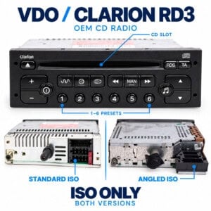 VDO/Clarion RD3 Werksradio mit CD-Schacht und sechs Stationstasten sowie Rückansichten mit geradem und abgewinkeltem ISO-Anschluss.