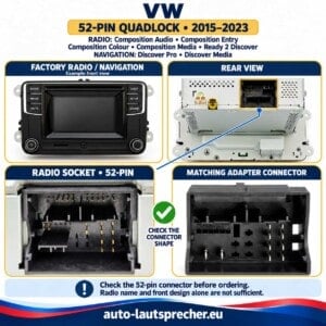 VW-Radio in Front- und Rückansicht mit markierter 52-Pin-Quadlock-Buchse und passendem Adapterstecker im Detail.