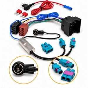 52-Pin-ISO-Radioadapter für VW Beetle 5C und Golf VII AU mit Diversity-Antennenadapter, Zündplus-Abgriff und zwei Sicherungen.