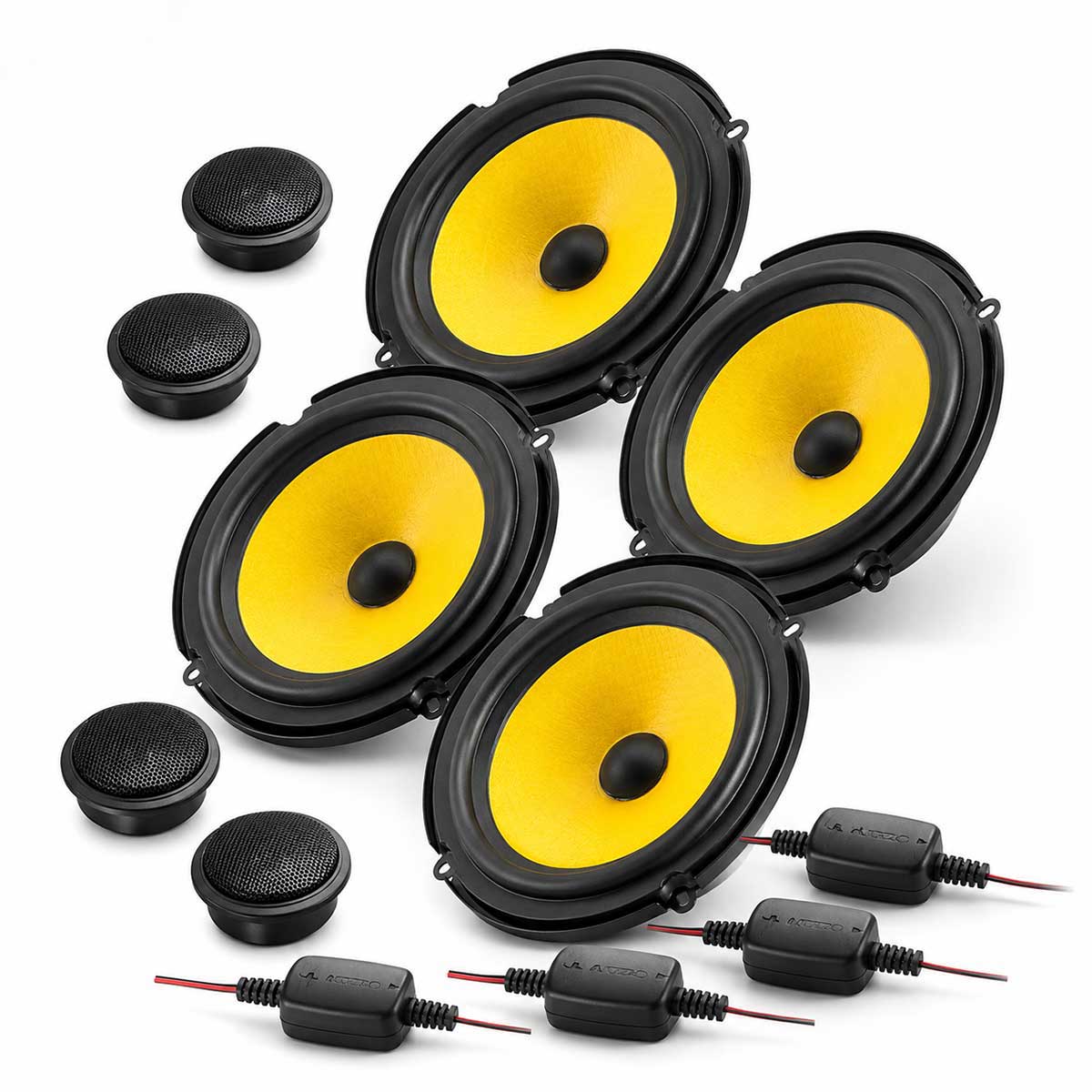 JL Audio C1 650 Set für VW Golf IV und Variant mit vier gelben Tieftönermembranen, vier Hochtönern und vier Inline-Frequenzweichen.