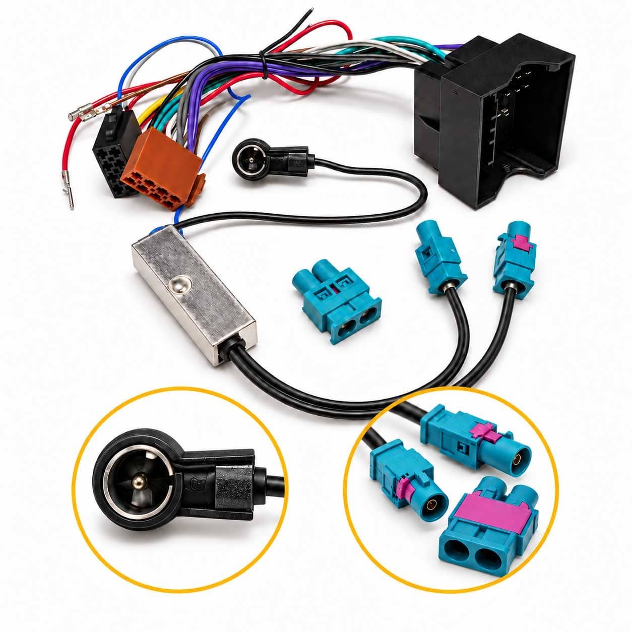 40-PIN-Quadlock-Radioadapter und Doppel-Fakra-Diversity-Antennenadapter auf ISO für VW Tiguan I und Touareg I.